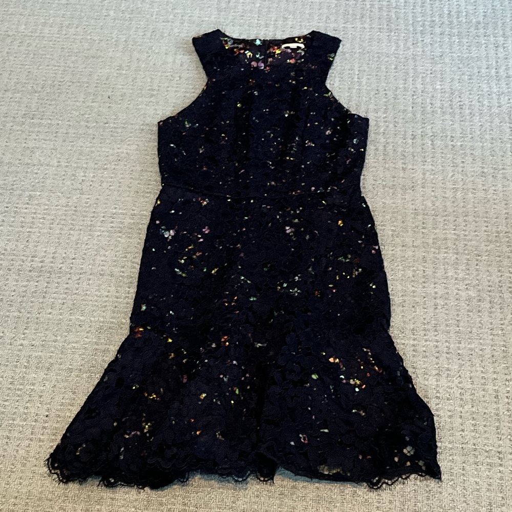 Shoshanna Navy Lace Sleeveless Dress with colorful peek a boo liner